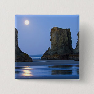 Maan onder, Bandon Beach, Oregon. Vierkante Button 5,1 Cm