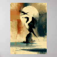 Maan Perikan Japanse Sumi-E Abstract Pelikaan Muur