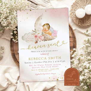 Maan Roze Boho Blonde Meisje Engel Baby Shower Kaart