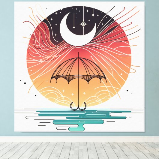Maan rustend op paraplu met sterregen canvas afdruk (Insitu (Houten vloer))