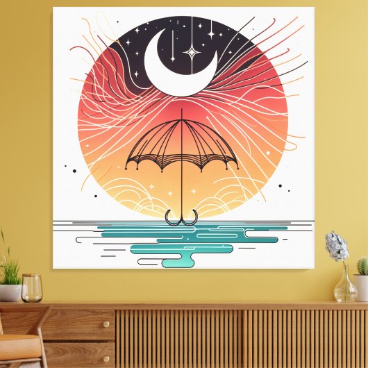 Maan rustend op paraplu met sterregen canvas afdruk (Insitu (Woonkamer))