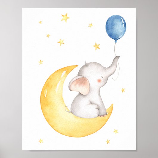 Maan Sterren Ballon Olifant Liefdevolle Kinderkame Poster (Voorkant)