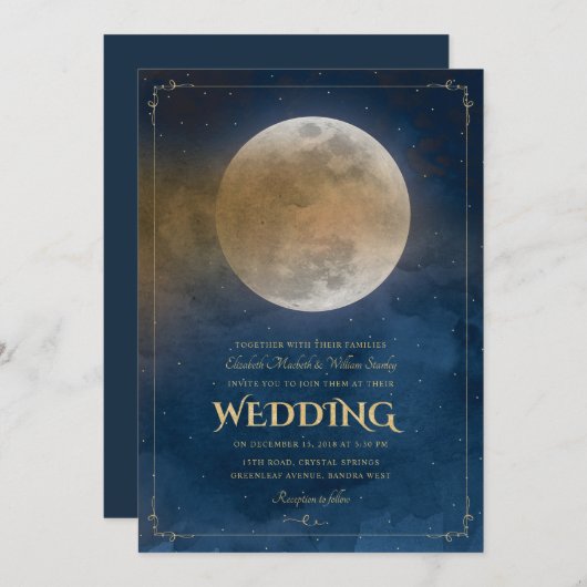 Maan Sterren Celestial Marine Blauw Bruiloft Uitno Kaart (Voorkant / Achterkant)