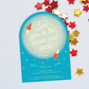 Maan, sterren en raketten Rood en Teal Baby Shower Kaart