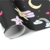 Maan, sterren en wolken Patroon op zwart Cadeaupapier (Rol Hoek)