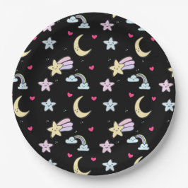 Maan, sterren en wolken Patroon op zwart Papieren Bordje