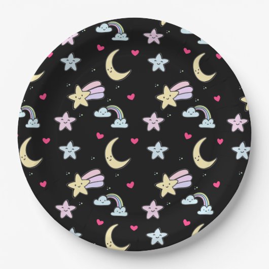 Maan, sterren en wolken Patroon op zwart Papieren Bordje (Voorkant)