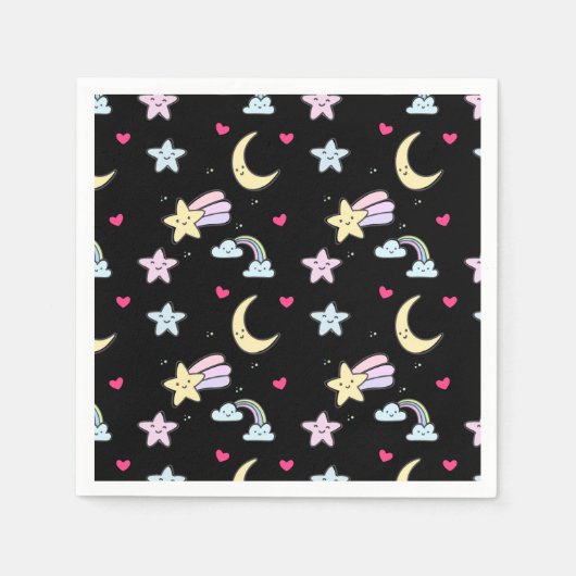 Maan, sterren en wolken Patroon op zwart Servet (Voorkant)