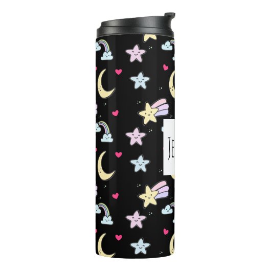Maan, sterren en wolken Patroon op zwart Thermosbeker (Gedraaid links)