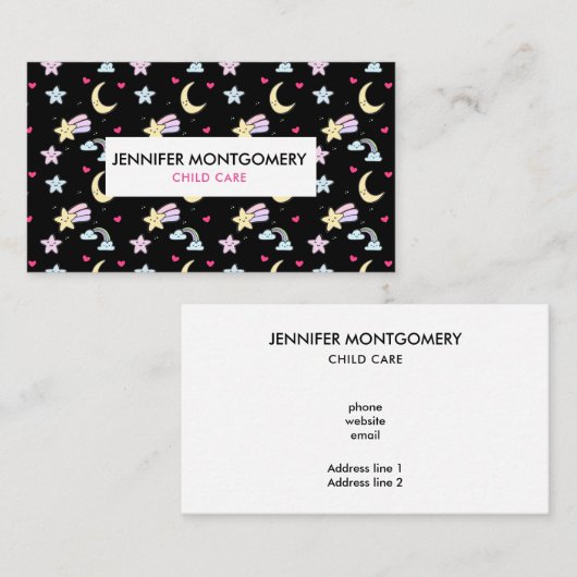 Maan, sterren en wolken Patroon op zwart Visitekaartje (Voorkant / Achterkant)