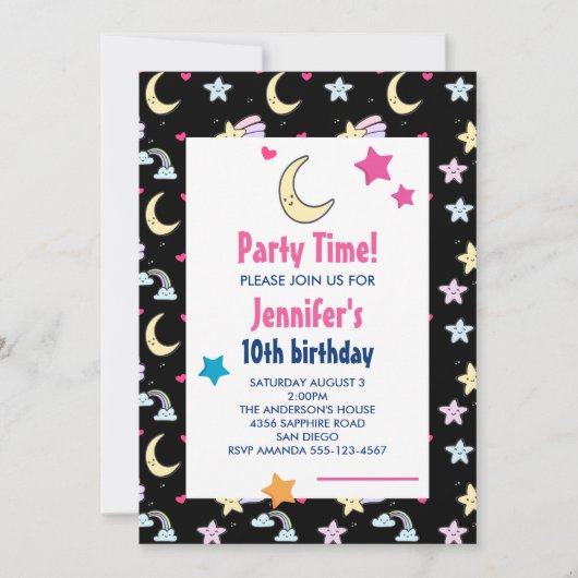 Maan, sterren en wolken Patroon Zwart Verjaardagsf Kaart (Voorkant)