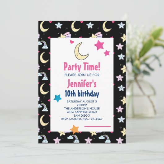 Maan, sterren en wolken Patroon Zwart Verjaardagsf Kaart (Staand voorkant)