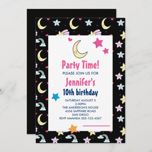 Maan, sterren en wolken Patroon Zwart Verjaardagsf Kaart (Voorkant / Achterkant)