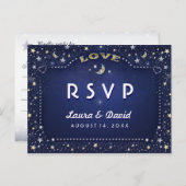 Maan & Sterren Marine Blauw Goud Wit Matching RSVP Uitnodiging Briefkaart (Voorkant / Achterkant)