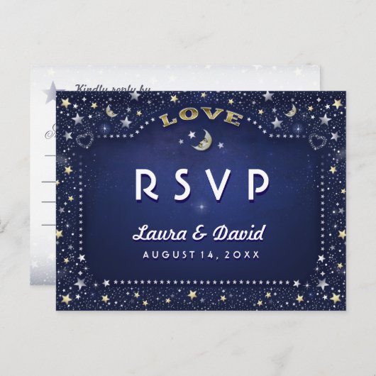 Maan & Sterren Marine Blauw Goud Wit Matching RSVP Uitnodiging Briefkaart (Voorkant / Achterkant)