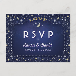 Maan & Sterren Marine Blauw Goud Wit Matching RSVP Uitnodiging Briefkaart