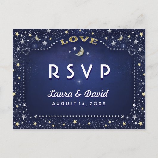 Maan & Sterren Marine Blauw Goud Wit Matching RSVP Uitnodiging Briefkaart (Voorkant)
