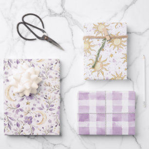 Maan Sterren & Paarse Bloemen Baby Shower Inpakpapier Vel