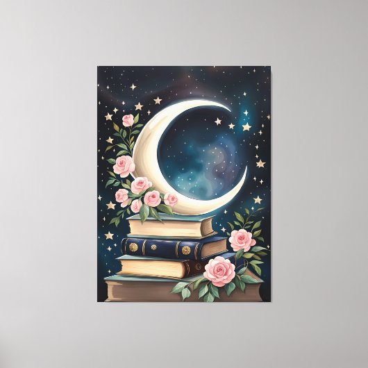 Maan, Sterren, Rozen en Boeken Canvas Afdruk (Voorkant)
