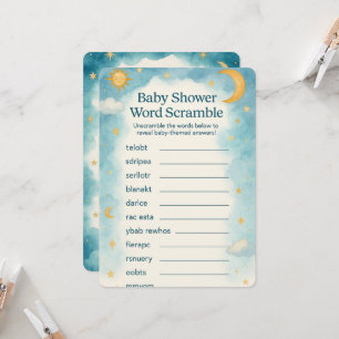 Maan, Sterren & Whimsische Woordpuzzel Baby Shower Kaart