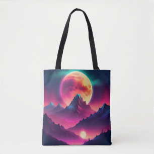 Maan stijgend tussen de bergen tote bag