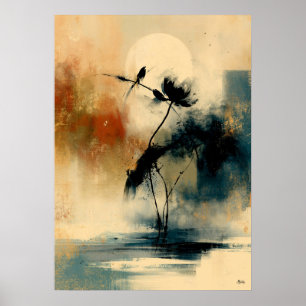 Maan Tsubaki Japanse Sumi-E Abstract Camellia Muur Poster