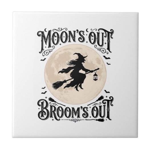 Maan Uit Bezem Uit Heks Halloween Tegeltje (Voorkant)