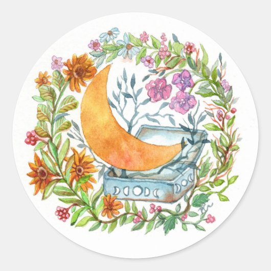 Maan uit de doos ronde sticker (Voorkant)