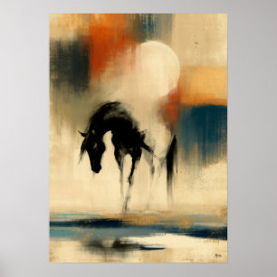 Maan Uma Japanse Sumi-E Abstract Paard Wandkunst Poster