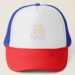 🌙☀️ Maan & Zon Neon Vintage Wolken – Retro Kosmis Trucker Pet