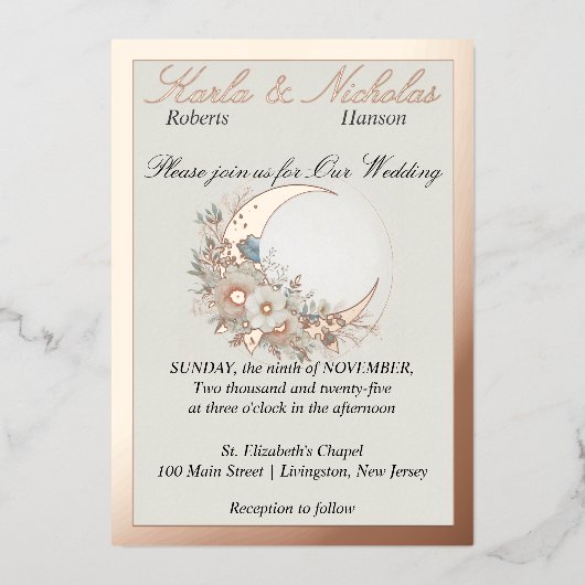 Maanbloem Off White, brede roosgoud band Folie Uitnodiging (Voorkant)