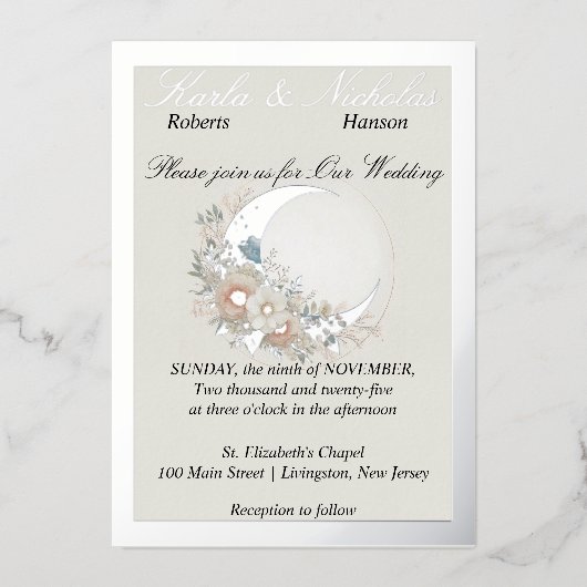 Maanbloem van wit, breed zilver folie uitnodiging (Voorkant)