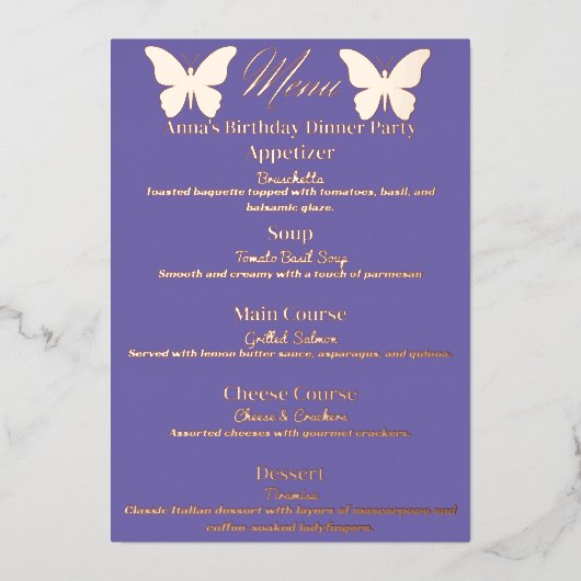 Maandbloem Vlinder-Thema Verjaardagsdiner Menu (Voorkant)