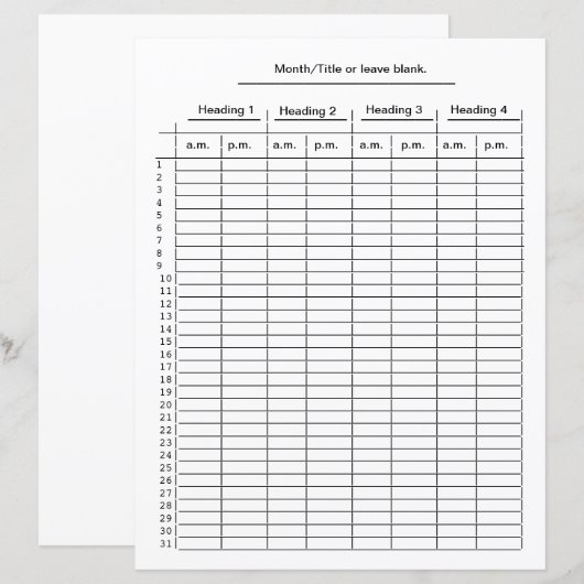 Maandelijks 4 kolomschema voor omslagen per minuut (Voorkant / Achterkant)