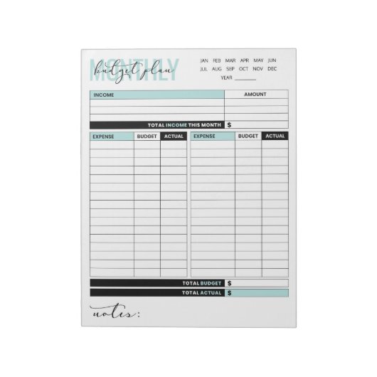 Maandelijks begrotingsplan van inkomsten en uitgav notitieblok (Linkerzijde)