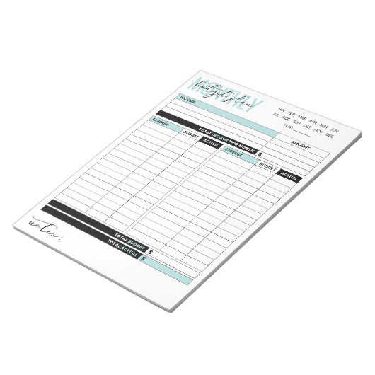 Maandelijks begrotingsplan van inkomsten en uitgav notitieblok (Schuin)