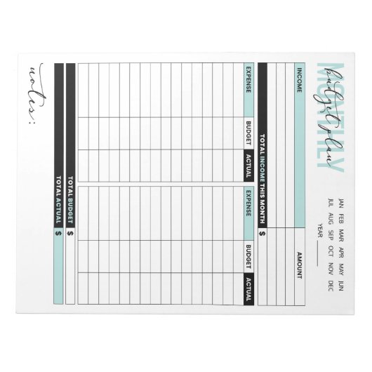 Maandelijks begrotingsplan van inkomsten en uitgav notitieblok (Voorkant)