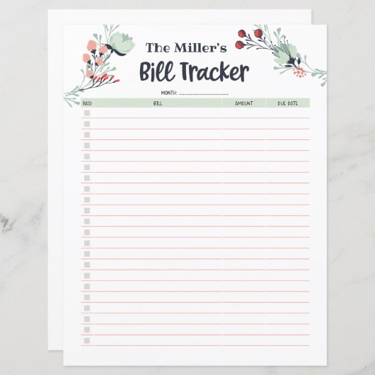 Maandelijkse Bill Tracker in Cute Floral Style (Voorkant / Achterkant)