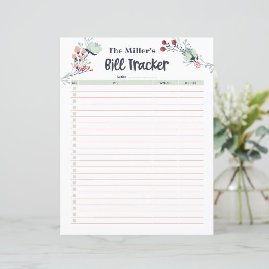 Maandelijkse Bill Tracker in Cute Floral Style (Staand voorkant)