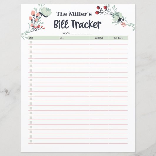 Maandelijkse Bill Tracker in Cute Floral Style (Voorkant)
