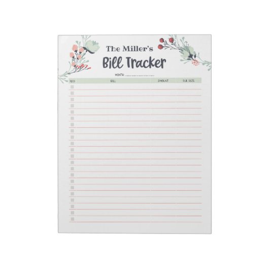 Maandelijkse Bill Tracker in Cute Floral Style Notitieblok (Linkerzijde)