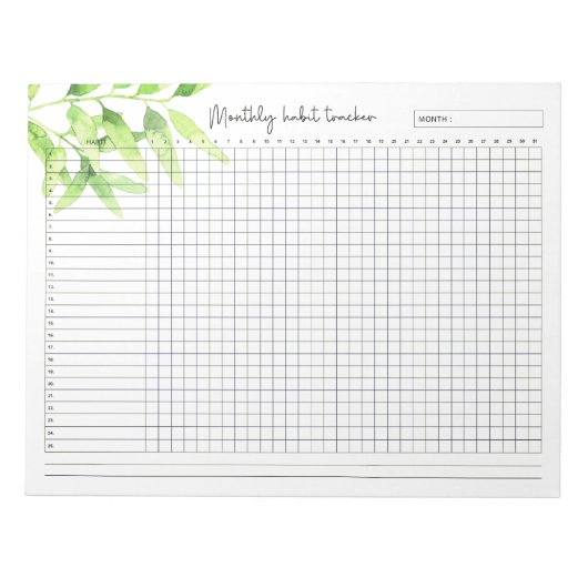 Maandelijkse Habit Tracker Waterverf Groene Verlat Notitieblok (Voorkant)