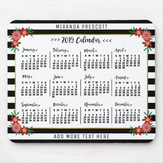 Maandelijkse kalender 2019 | Preppy Floral Stripes Muismat (Voorkant)