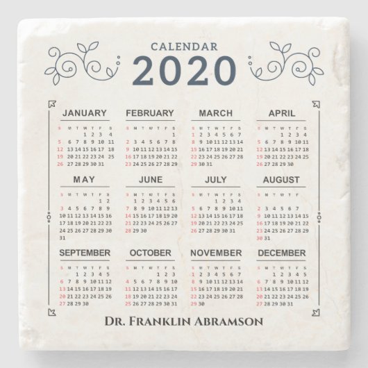 Maandelijkse kalender 2020 jaar Aangepast aanpasse Stenen Onderzetter (Voorkant)