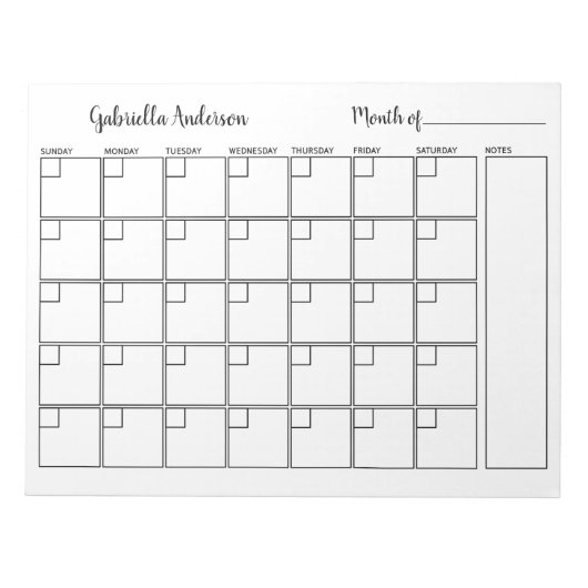 Maandelijkse plank voor gepersonaliseerd wit en zw notitieblok (Voorkant)