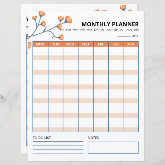 Maandelijkse Planner afdrukbare sjabloon (Voorkant / Achterkant)