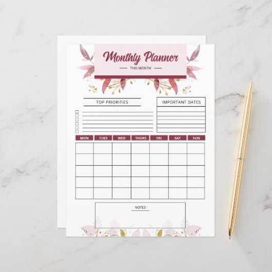 Maandelijkse Planner afdrukbare sjabloon (Voorkant / Achterkant in situ)