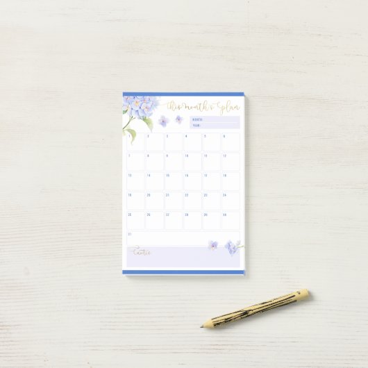Maandelijkse Planner Blauwe Hortensia Bloem Post-it® Notes (Op bureau)