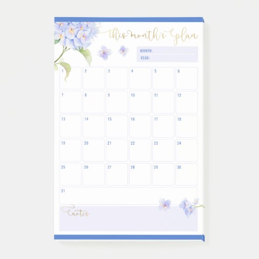 Maandelijkse Planner Blauwe Hortensia Bloem Post-it® Notes (Voorkant)