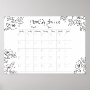 Maandelijkse planner handgeschetste bloemen en bla poster